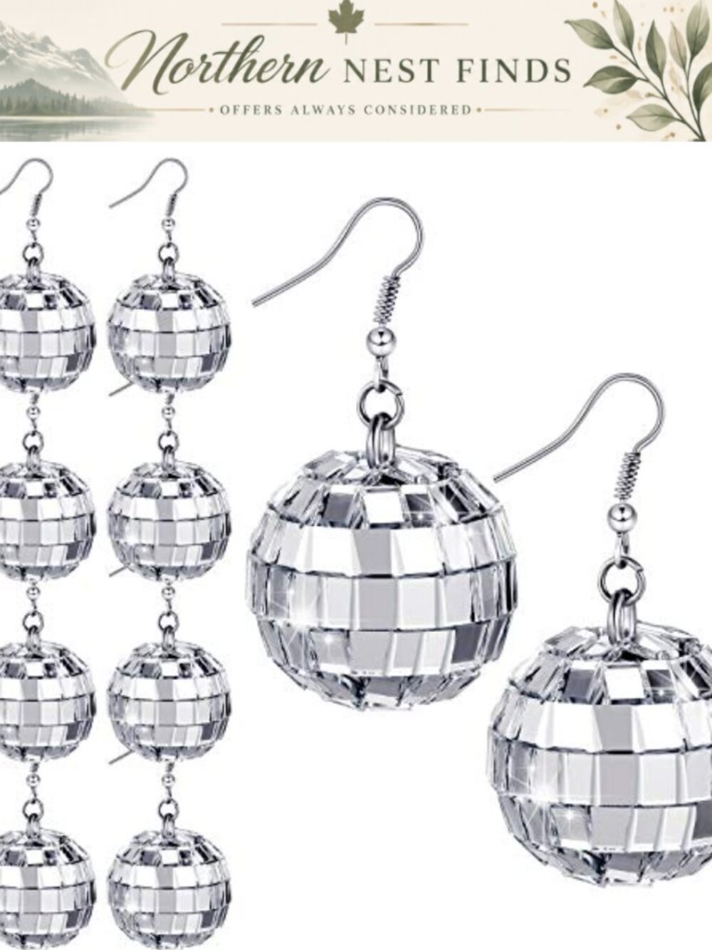 Hicarer 5 Pairs Disco Ball Earrings 30 mm Silver Dangle 60s 70s Costume
